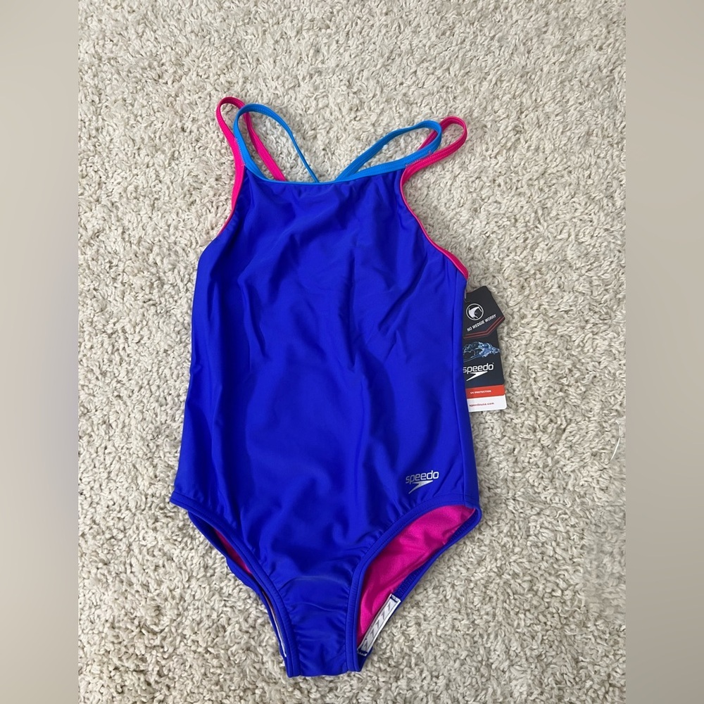 Size 10 (fits more like size 8) Girls Speedo 1 Piece Criss Cross Swimsuit NWT